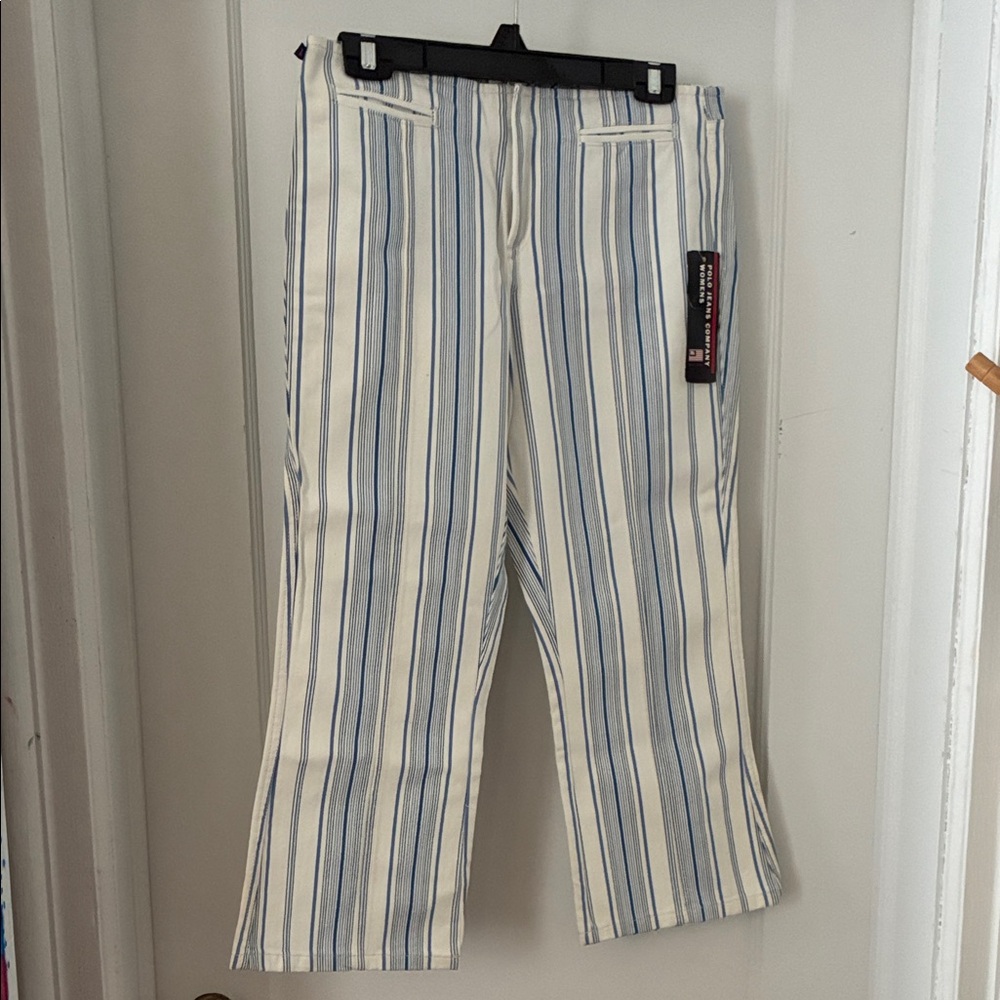 Chic Striped Wide Leg Jeans in Blue and White